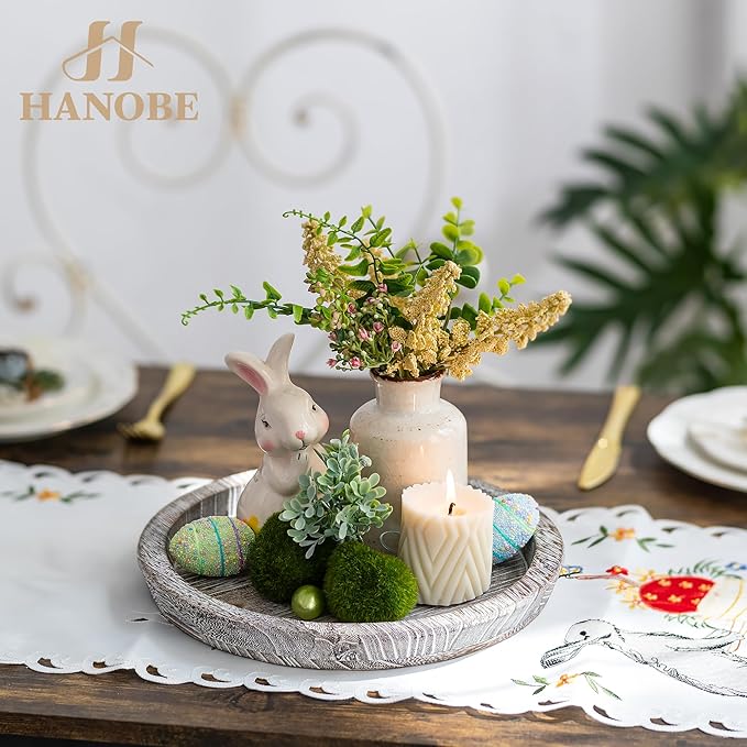 Hanobe Decorative Tray for Coffee Table: Round Candle Plate Holder Centerpieces for Dining Room Kitchen - Wooden Farmhouse Tray Vintage Home Decor