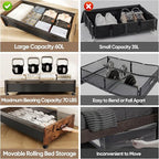 KITHELP Under Bed Storage with Wheels, Wooden Under Bed Drawers 2 Packs, Rolling Underbed Storage Containers Organizer with Handle Removable Lid, Heavy Duty Metal Frame for Clothes Shoe Books(Black)
