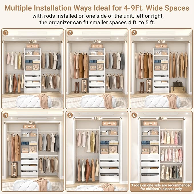 Aheaplus Closet System, 4-9Ft Closet Organizer with 4 Wooden Drawers, Wood Closet Organizer System with Tower, Walk-in Closet Organizer Wardrobe Clothes Rack with 4 Hanging Rods, Garment Rack, White