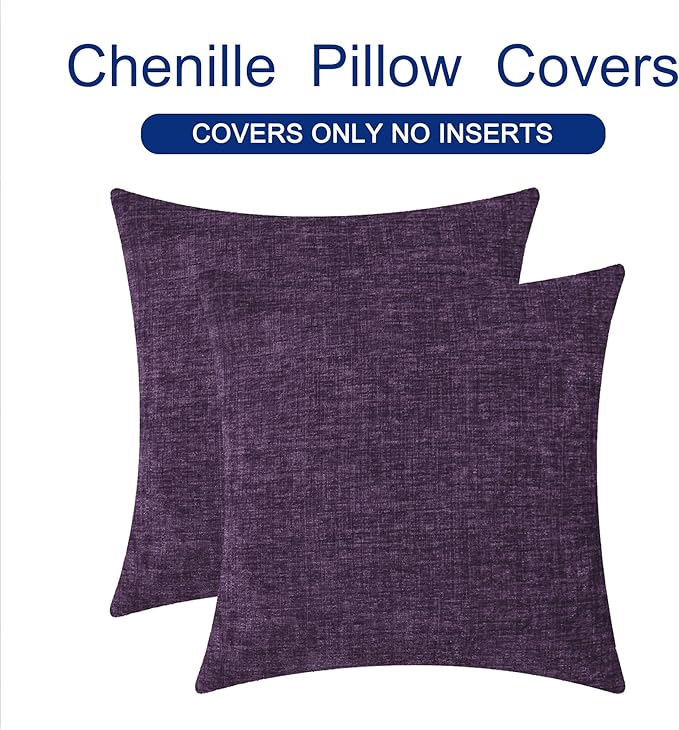 CaliTime Throw Pillow Covers Decorative 26 X 26 Inches Pack of 2 Cozy Chenille Cushion Cases for Couch Sofa Bed Living Room Home Plum Purple