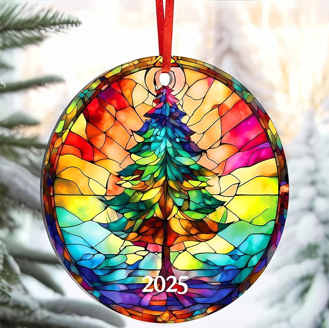 Jabihome Christmas Ornaments 2025, Exchange for Women, Men, Collectible Dated Year Ornaments for Tree, Unique Acrylic Suncatcher, Printed Stained Glass Effect Decor (Christmas Tree)