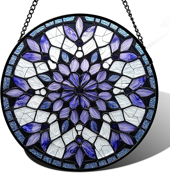 Stained Glass Window Hanging, Purple Blue Tiffany Style Flowers Sun Catcher for Window Door Home Decor Suncatcher Christmas Mother's Day Birthday Gifts for Women Men Mom Nana 9.8 in