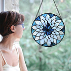 Stained Glass Suncatcher, Blue White Multi-Petal Flowers Sun Catcher Landscape Stain Glass Window Hanging Decoration Mother's Day Birthday Gifts for Women Men Mom Nana 15 in