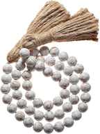Farmhouse Wood Bead Garland Home Decor, Natural Wooden Garland for Tiered Tray, Decorative Tassel for Tier Tray, Rustic Beads Centerpiece Boho Table Decor, Beaded Accent White Washed