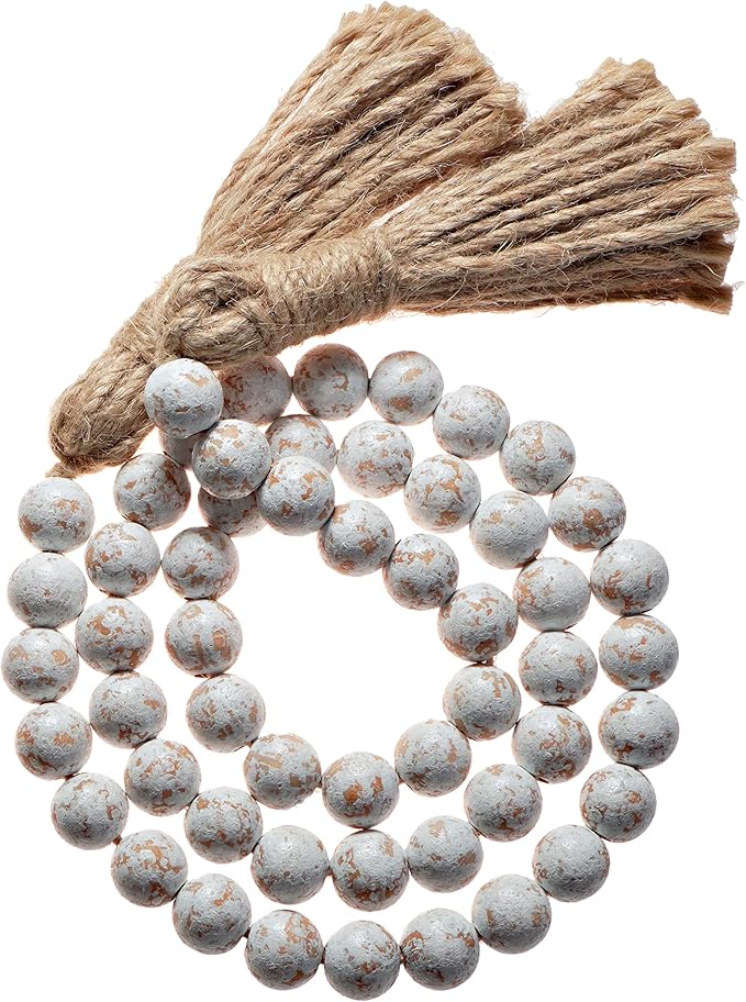 Farmhouse Wood Bead Garland Home Decor, Natural Wooden Garland for Tiered Tray, Decorative Tassel for Tier Tray, Rustic Beads Centerpiece Boho Table Decor, Beaded Accent White Washed