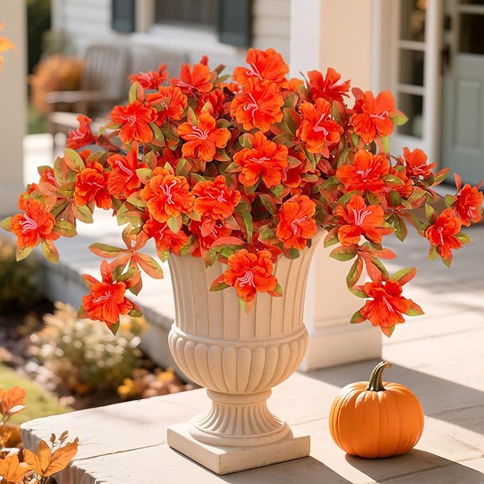 Fall Flowers Artificial for Decoration, Fake Silk Rhododendron Flowers for Outdoors, 2 Bundles Faux Azalea Outside UV Resistant No Fade Floral for Home Garden Balcony Walkway Wedding Party Decor