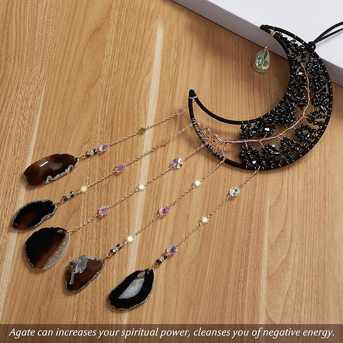 Agate Gemstone Big Dream Catcher 7 Chakra Tree of Life Dream Catcher with Crystal Stones Handmade Dreamcatcher Wall Decor for Adults Boys Girls,Bedroom,Garden,Bless Gift(Large Black Moon)