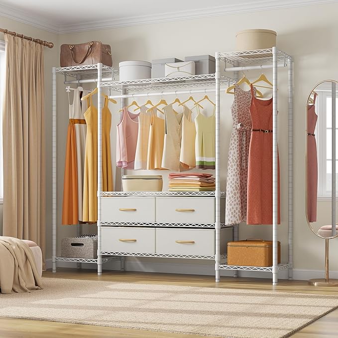 VIPEK V20 Wire Garment Rack Heavy Duty Clothes Rack, Metal Clothing Rack with 6 Shelves, 3 Hang Rods & 4 Fabric Drawers, Compact Freestanding Closet Wardrobe, 56.7" L x 14.6" W x 70.9" H, White