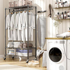 Heavy Duty Rolling Garment Rack 3 Tiers Adjustable Wire Shelving Clothes Rack with Rods and Side Hooks,Storage Closet Clothing Rack with Wheels Black 15.7" D x 29.5" W x 74.5" H