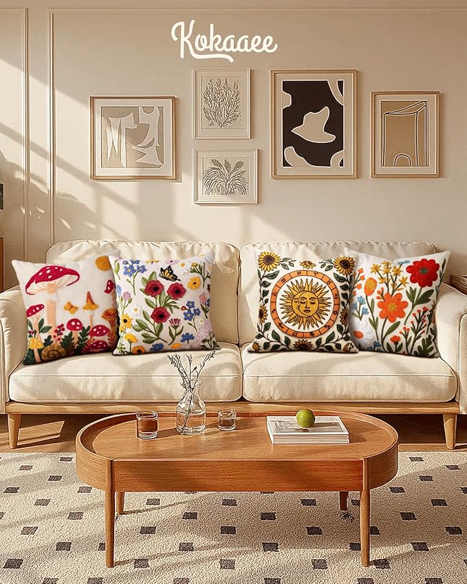 Embroidered Throw Pillow Covers 18x18 Inch - Set of 2 Summer Spring Boho Decorative Pillow Covers with Zipper for Living Room Couch Sofa Bed Aesthetic Design Flower Bee Cushion Pillowcases