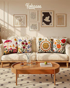 Embroidered Throw Pillow Covers 18x18 Inch - Set of 2 Summer Spring Boho Decorative Pillow Covers with Zipper for Living Room Couch Sofa Bed Aesthetic Design Flower Bee Cushion Pillowcases