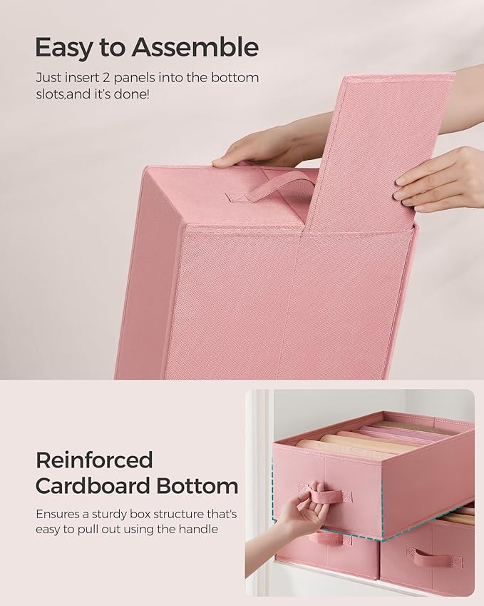 SONGMICS Set of 4 Large Size Wardrobe Clothes Organizers, 6-Compartment Foldable Drawer Organizers with Handles, 16.5 x 11.8 x 6.7 Inches, for Pants, Sweaters, Jeans, Jelly Pink URUS009R01