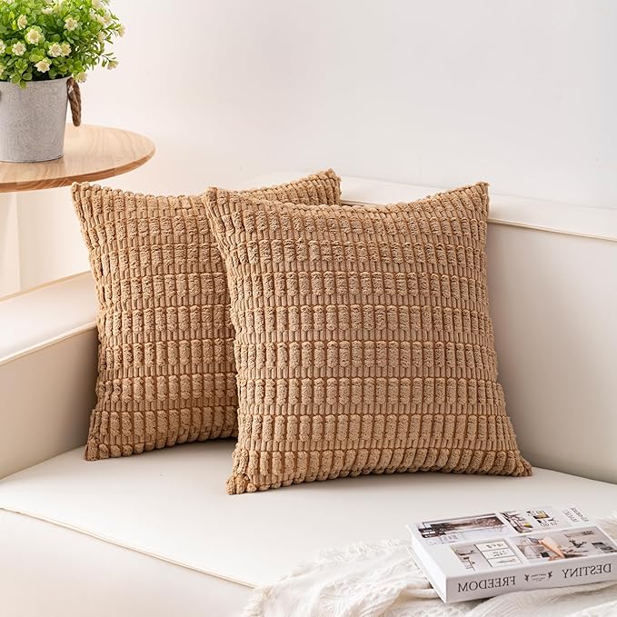 Aegero Pack of 2 Corduroy Decorative Throw Pillow Covers 20x20 InchSoft Striped Pillow Covers Modern Farmhouse Home Decor for Sofa Living Room Couch Bed（Coffee）