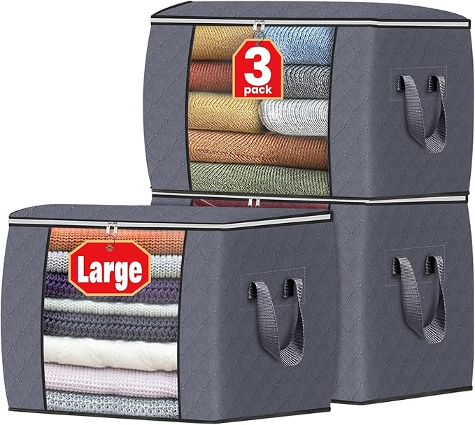 Fab totes 24 Gallons Clothes Storage, Foldable Thick Fabric Blanket Storage Bags, Containers for Organizing Bedroom, Closet, Clothing, Comforter, Organization with Handle (3 Pack,Grey)