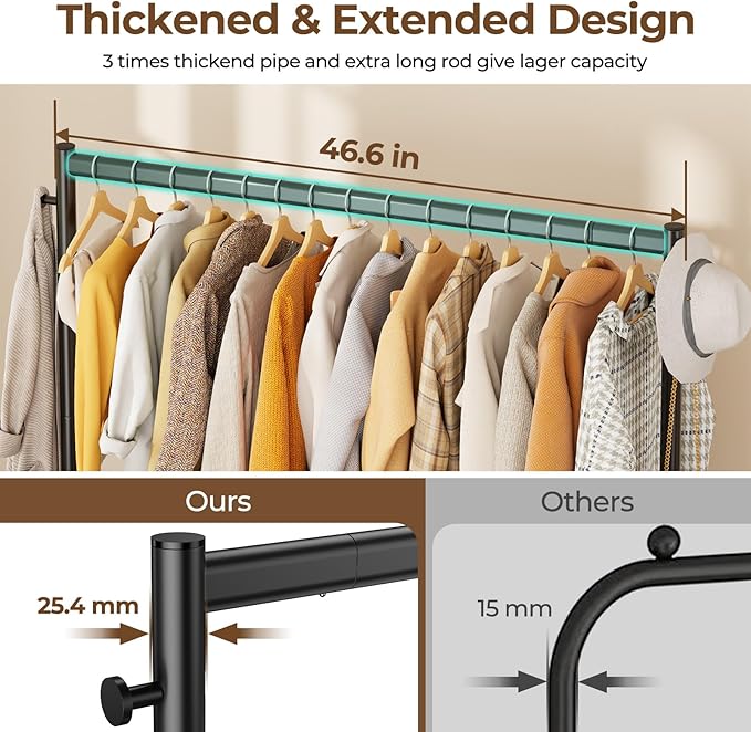 Clothes Clothing Rack, Rolling Heavy Duty Clothes Rack Load 420 LBS With Wheels, Metal Clothes Rack for Hanging Clothes, Portable Standing Clothes Garment Rack, Black,48 inches