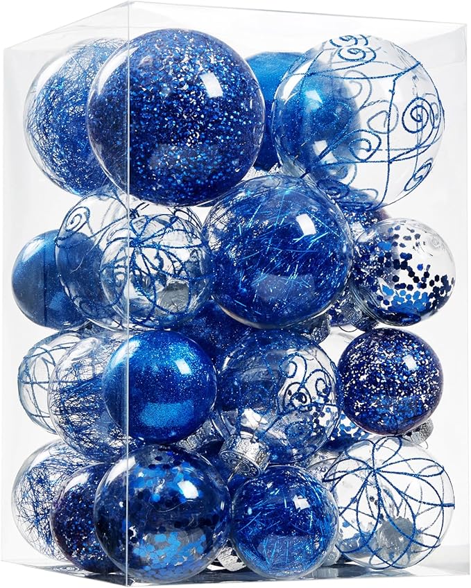 Wironlst Christmas Ball Ornaments Shatterproof Clear Large Plastic Hanging Ball Decorative Baubles Set with Stuffed Delicate Decorations (Multi-Size, Blue)