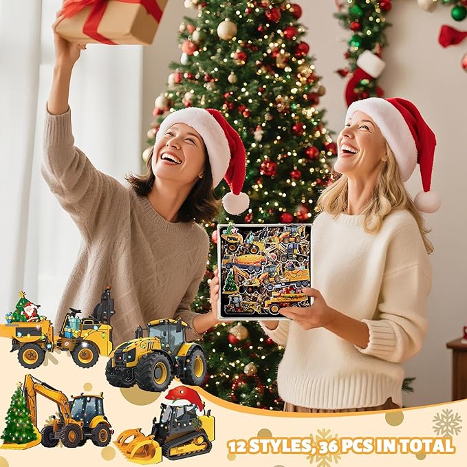 Suzile 36 Pcs Christmas Wooden Ornaments Christmas Construction Truck Ornaments Decoration Vintage Excavator Tree Decoration Construction Truck Hanging Crafts for Farmhouse Home Xmas Party Decor