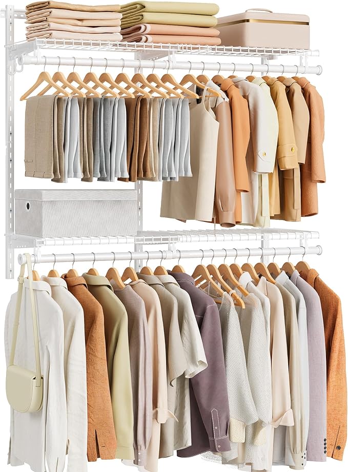 SONGMICS HOME Closet System, Closet Insert Organizer, 2-4 ft, Adjustable Metal Shelving Unit with 4 Hanging Rods, 4 Shelves, and Hooks, for Pantry Mudroom Garage Basement, Cloud White URGR031W01