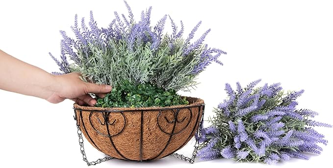 Ivydale Artificial Faux Outdoor Hanging Flowers Plants Basket for Porch Spring Decoration, 12 Bundlies Fake UV Resistant Lavender with Coconut Lining Baskets for Home Patio Balcony Yard