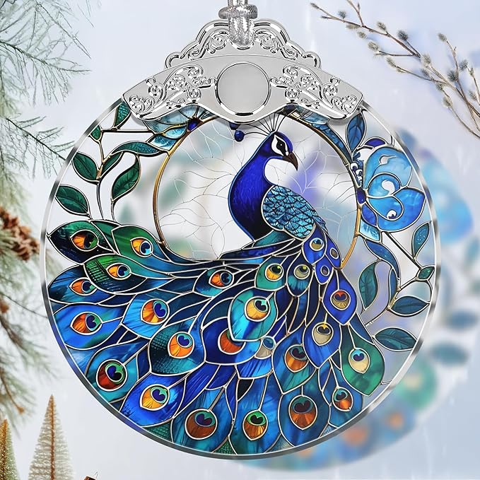 Stained Glass Suncatcher Ornament - Peacock Christmas Decorations - Christmas Ornaments for Tree - Holiday Present Ideas - Gift Exchange
