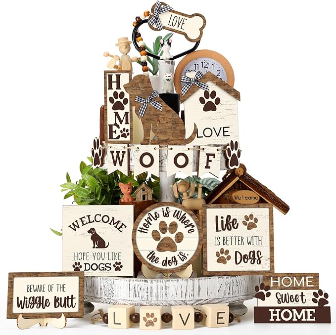 Mifoci 16 Pcs Dog Tiered Tray Decor Cute Dog Signs Home Decor Wooden Woof Decorative Trays Farmhouse Vintage Sweet Home Wooden Sign for Winter Kitchen Coffee Bar Decoration