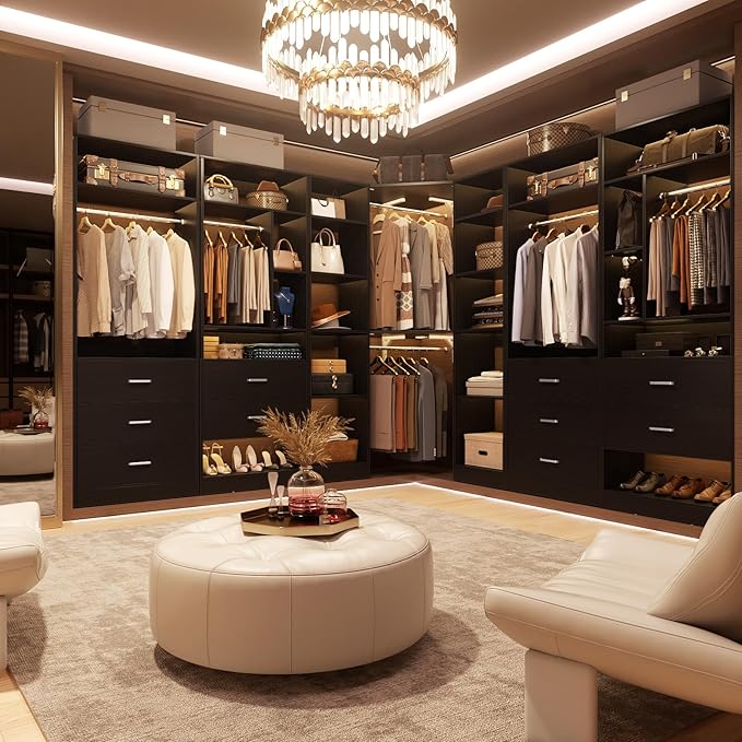 Corner Closet System with 12 Shelves, 39.2" Corner Closet Organizer System with 2 Hanging Rods, Versatile 6-Tier Walk-in Closets for Corner Space, Black (39.2" L x 39.2" W x 80" H)