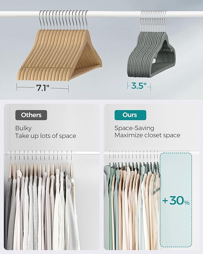 SONGMICS Velvet Hangers 50 Pack, Non-Slip Clothes Hangers, Suit Hangers with Shoulder Notches, Pants Bar, 360° Swivel Hook, Space-Saving, for Closet, Gray UCRF029G05