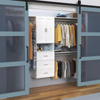ClosetMaid SuiteSymphony Hanging Closet Kit Includes (1) Tower, (3) Closet Rods, (4) Shelves, (3) Top Shelves w/Brackets, (3) Drawer, and (1) Closet Door Set, White