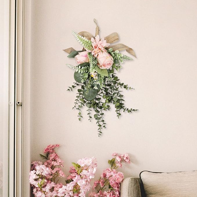 Artificial Flower Teardrop Swag Handmade from Silk Flowers and PP As A Decorative Flower Wreath Wall Ornament Garland Window Decoration for Various Us, Pink