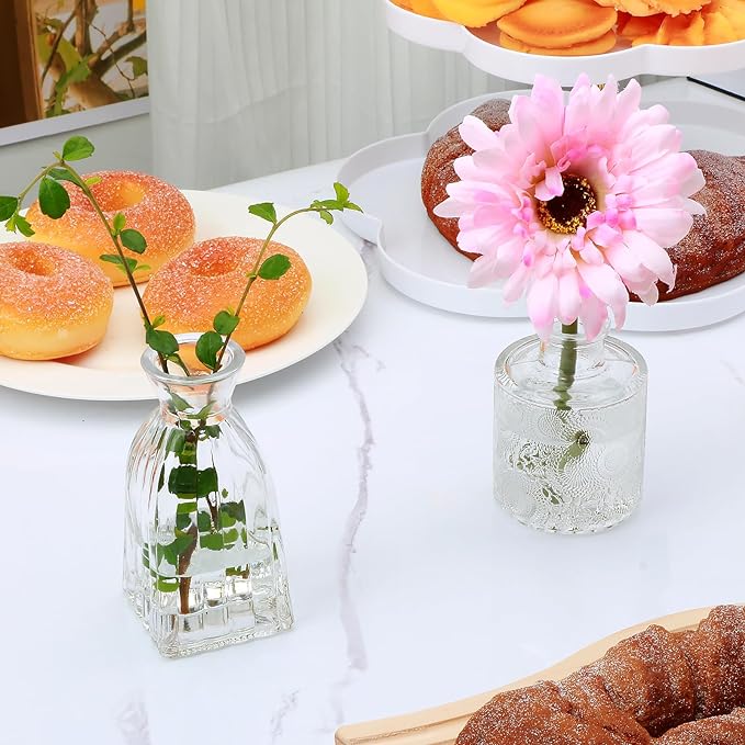 Mapoxy Glass Bud Vases Set of 4,Small Flower Vases for Wedding Centerpiece Table Decorations,Clear Vintage Embossed Mini Vases,Flower Arrangements in Vases for Party or Home Decor