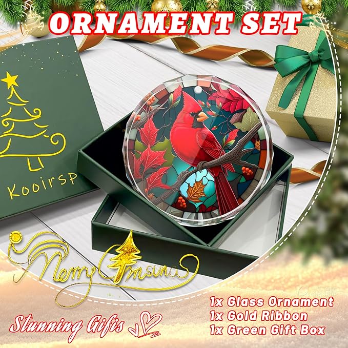Cardinal Stained Glass Ornament - Christmas Tree Decorations, Cardinal Ornaments for Christmas Tree, Gift Exchange
