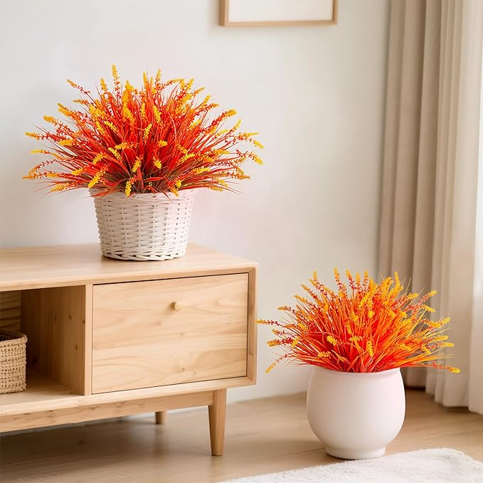 Artificial Fake Plants Flowers for Outdoors Fall Decor, 12 Bundles Fall Leaves Faux Lavender Flowers for Autumn Decoration, Fake Shrubs UV Resistant Planter No Fade for Garden Porch Balcony(Orange)