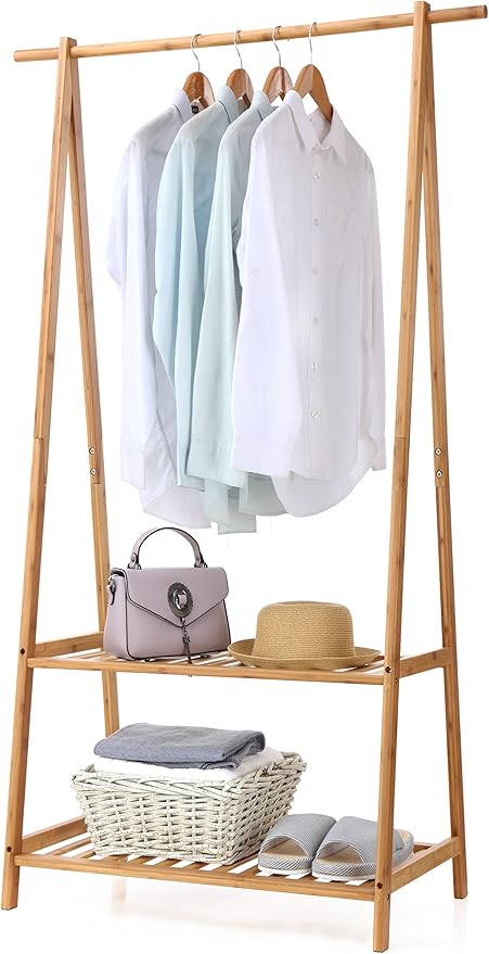Finnhomy Bamboo Clothes Rack Portable Extra Large Garment Rack 2-Tire Storage Box Shelves For Entryway and Bed Room Patented Design