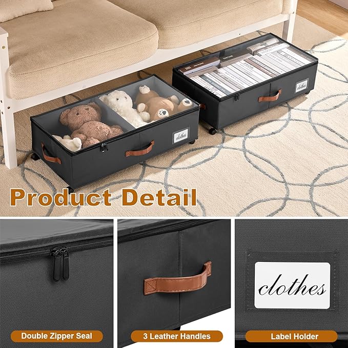 Under Bed Storage Containers with Wheels 9.5 inches Higher Under Bed Storage XXXL Underbed Shoes Blankets Clothes Storage Organizer 2 Pack Under the Bed Storage for College Dorms Bedroom Nursery Rooms