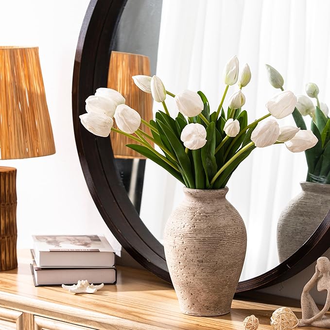Ceramic Flower Vase Home Decor - Large Farmhouse Table Vases Rustic Vintage Living Room Kitchen Bedroom Decorations for House Book Shelf Office Coffee Desk Dining Fireplace (9" Retro)