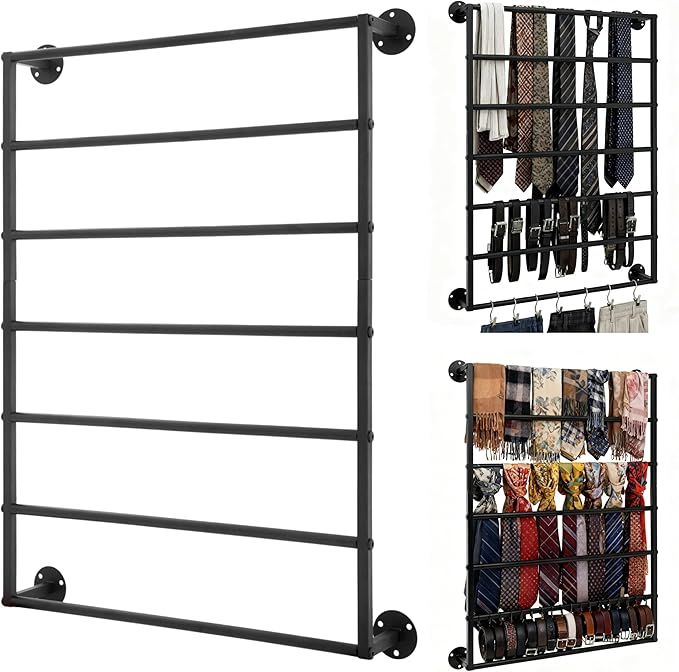 Wall Mounted Display Rack, 7-Layer Wrapping Paper Ribbon Organizer Scarves Tie & Scarf Rack Belts Towel Holder Necktie Hijab Stand Metal Shelving for Home, Retail Stores, Flower Shop