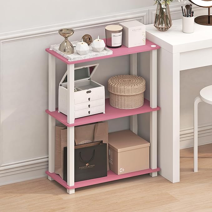 Furinno TURN-S-TUBE Storage Shelves, 3-Tier Book Shelf, Corner Shelf, Toolless Open Shelves, for Organization and Storage, Living Room, Garage, Home Office, Pink