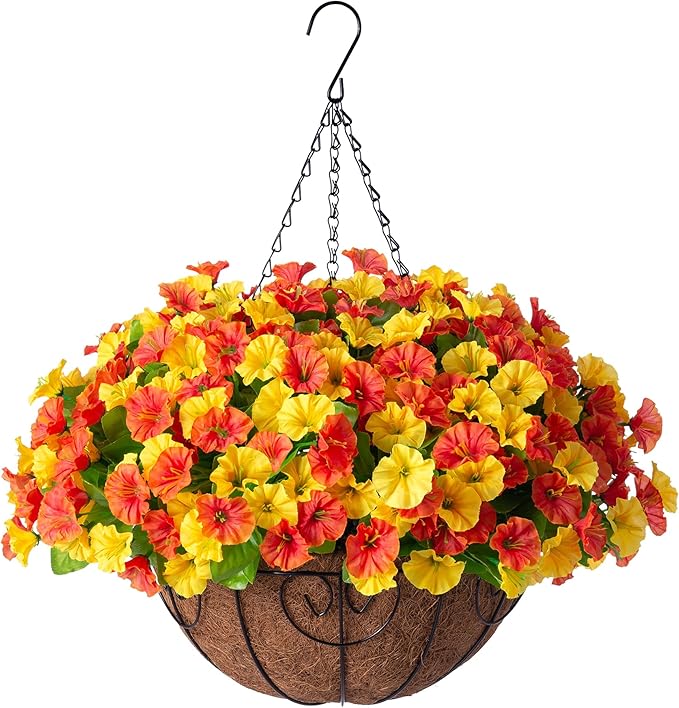 Artificial Hanging Flowers with Basket, Faux Silk Petunias Flower Arrangement, Coconut Lining with Morning Glories Fake Plants Patio Garden Porch Deck Fall Decor(Orange Yellow)