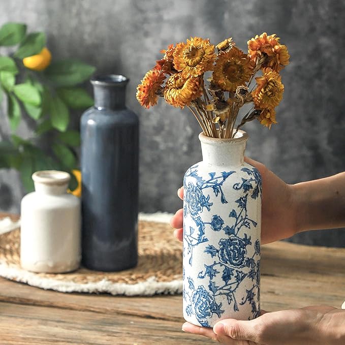 Ceramic Vintage Vases Set of 3, Blue and White Flower Decorative Vase Chinoiserie Decor Rustic Farmhouse Retro Floral Vases for Table Bookshelf Mantel Kitchen Living Room Office