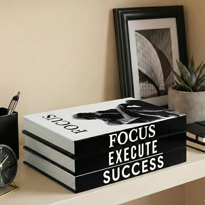 Motivational Desk Décor Set of 3 Decorative Books for Modern Home Office Decor Shelf Aesthetic Black & White Faux/Fake Books for Decoration Minimalist Book Box for Coffee Table Bookshelf TV Stand
