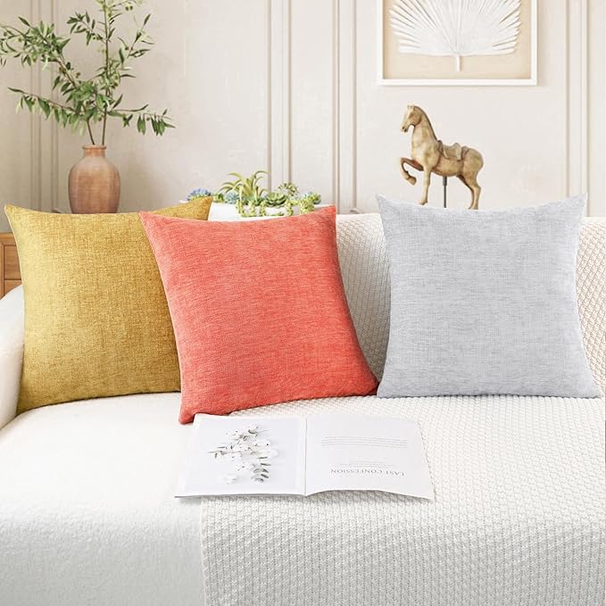 CaliTime Throw Pillow Covers Decorative 24 X 24 Inches Pack of 2 Cozy Chenille Cushion Cases for Couch Sofa Bed Living Room Home Living Coral
