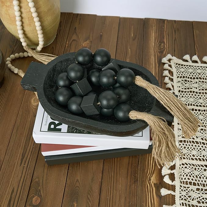 OMISHE Black Extra Large Wood Bead Garland with 1.6" Diameter Wooden Beads and Tassels, 41.5" Long Rustic Farmhouse Country Boho Decorative Beads for Home Decor Tiered Tray Decor