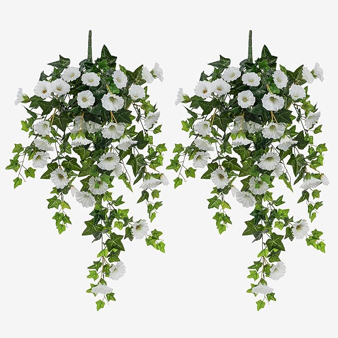 Artificial Flowers Faux Outdoor Plants Artificial Petunias for Outdoors Uv Resistant Fake Petunias Plants Hanging Flower Patio Decor Outside Basket Realistic Silk Plant No Pot(White 2pcs)