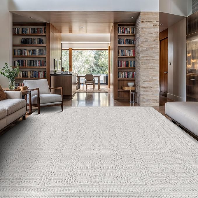 Micro Loop Indoor Rug White 9x12 Boho Geometric Neutral Area Rugs for Living Room Soft Luxury Modern Low and High Pile Durable Stain Resistant Non-Shedding Indoor Area Carpet 9 x 12