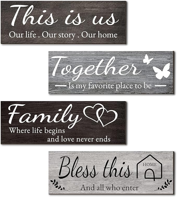 Joyhawk 4 Pieces Home Wall Decor Signs, THIS IS US/TOGETHER/BLESS THIS HOME/FAMILY Wall Decor For Living Room Bedroom, Rustic Wooden Farmhouse Wall Art Decor, 4.7 x 13.8 Inch(Mixed Color)