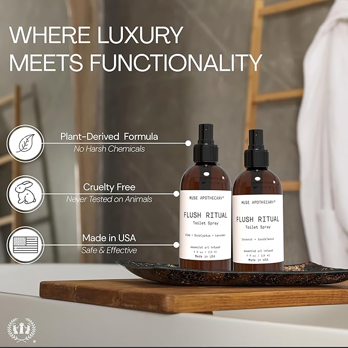 Muse Apothecary Flush Ritual - Aromatic & Refreshing Toilet Spray, Use Before You Go, 4 oz, Infused with Natural Essential Oils - Coconut + Sandalwood