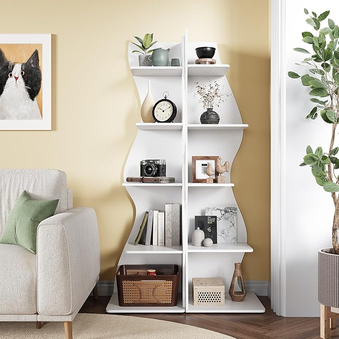 LITTLE TREE 70-Inch Corner Shelf, Seaweed Shaped Etagere Display Bookshelf, Freestanding 5-Tier Wall Shelves for Small Spaces, Bedroom, Living Room, 2 Pack, White
