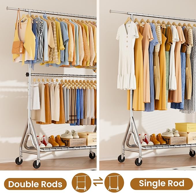 Double Rods Clothing Rack, Heavy Duty Clothes Rack for Hanging Clothes Load 560LBS, Metal Rolling Garment Racks with Wheels, Freestanding Clothes Hanging Racks, Silver