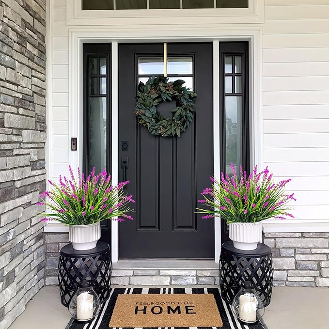 Artificial Flowers Faux Plants for Outdoor Decoration, 12 Bundles Fake Monkey Grass for Home Garden Front Porch Balcony, Lavender Flowers Shrubs UV Resistant No Fade Greenery Bush Planter (Lotus)