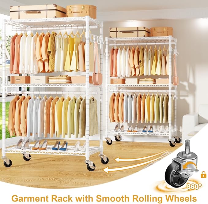 P1 Rolling Clothes Rack Heavy Duty, Metal Closet Clothing Rack with Lockable Wheels, Portable Wardrobe Closet for Hanging Clothes, 35.5" W x 15.7" D x 80.5" H, Hold 500lbs, White
